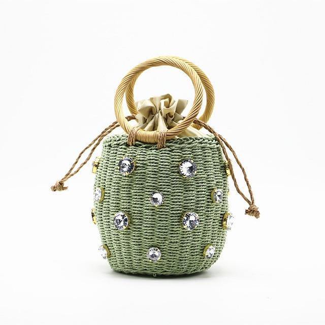 Handmade Rhinestone Drawstring Straw Top Handle Bucket Tote