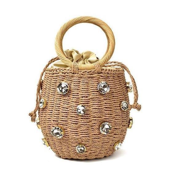 Handmade Rhinestone Drawstring Straw Top Handle Bucket Tote