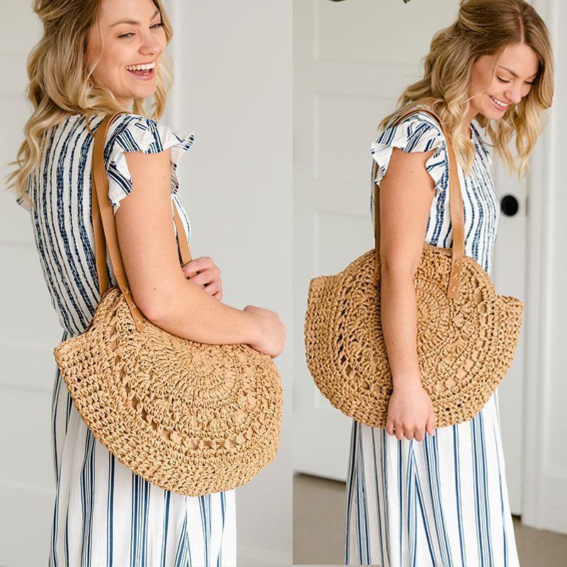 Boho Handmade Round Straw Tote Shoulder Bag