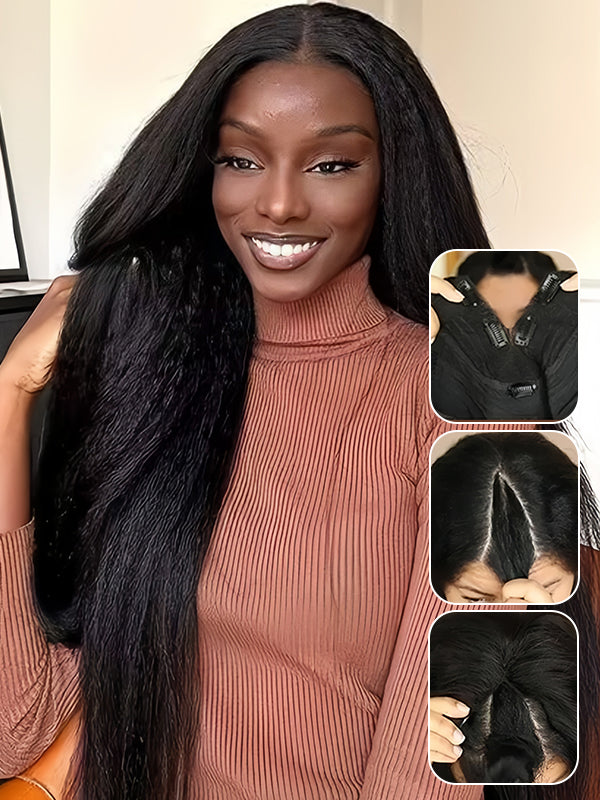 Wavymy High Denity Wigs Kinky Straight V Part Wig Glueless Thin Lace V part Natural Beginner Friendly Wigs