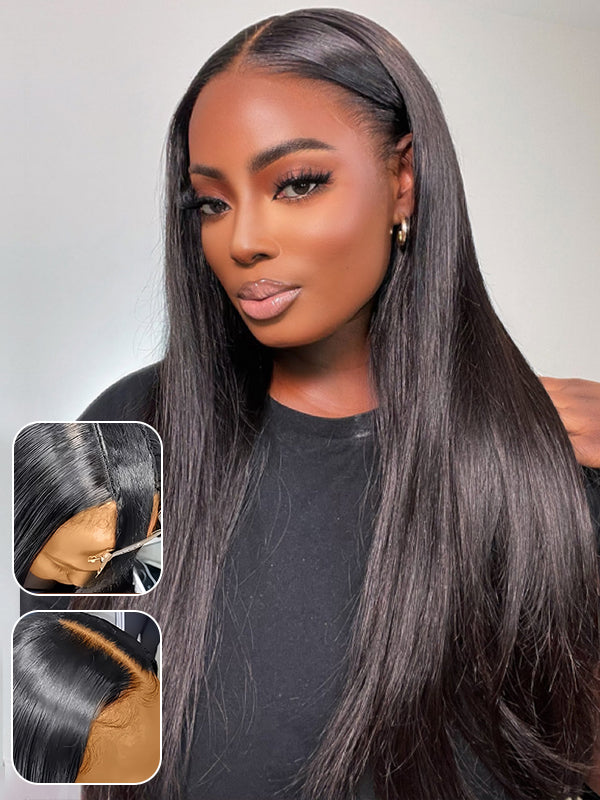 Wavymy High Density Wigs Beginner Friendly Straight V Part Wig No Glue No Sew No Gel Human Hair Wig 180 Density Thin Part Wig