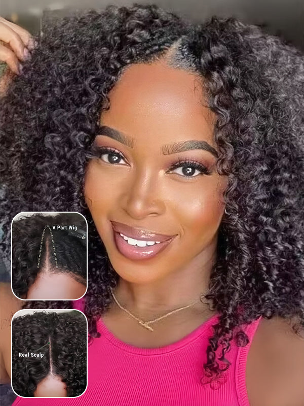 Wavymy High Density Wigs Upgrade Kinky Curly V Part Wig No Glue No Sew No Gel No Leave Out Needed Human Hair 180 Density Thin Part Wig