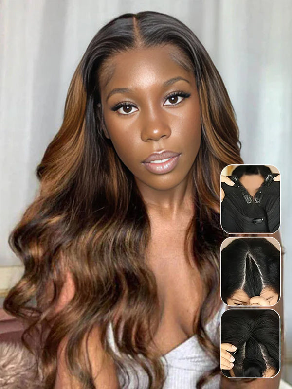 Wavymy High Density Wigs Balayage Highlight Body Wave V Part Wigs Beginner Friendly No Glue No Sew No Gel Human Hair Thin Part Wig 180% Density
