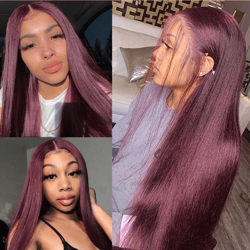 Wavymy 99J Burgundy Color 13x4 Lace Front Wigs Pre Plucked Long Straight Hair Human Hair Wigs