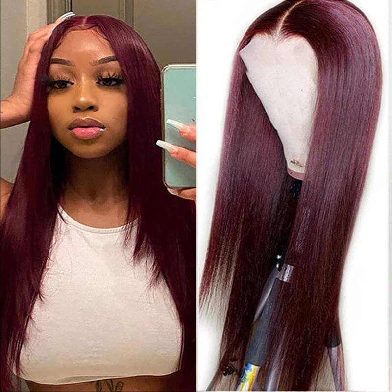 Wavymy 99J Burgundy Color 13x4 Lace Front Wigs Pre Plucked Long Straight Hair Human Hair Wigs