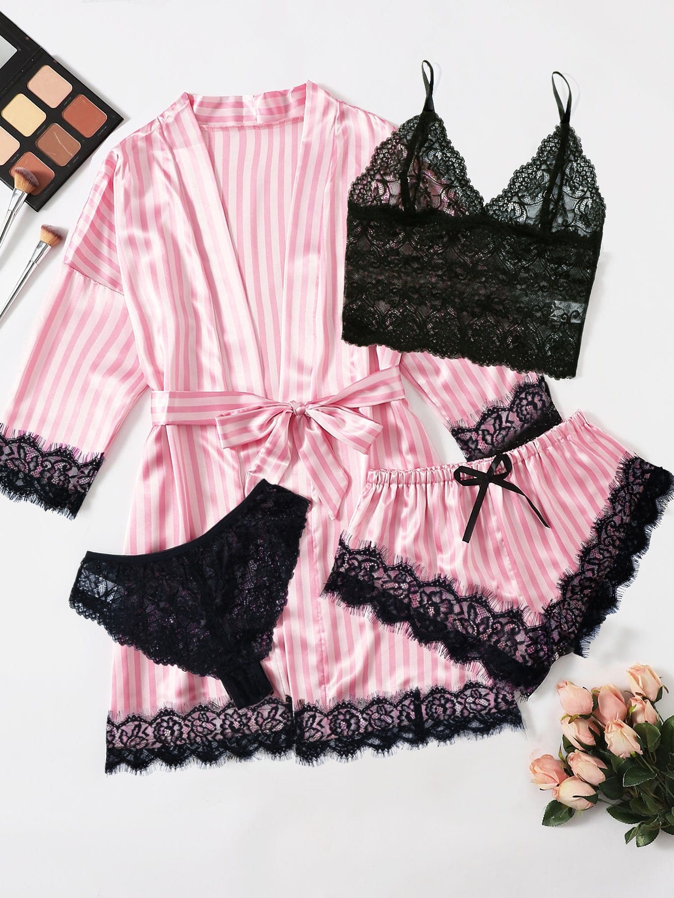 5pack Striped Contrast Lace Satin Lingerie Set & Robe