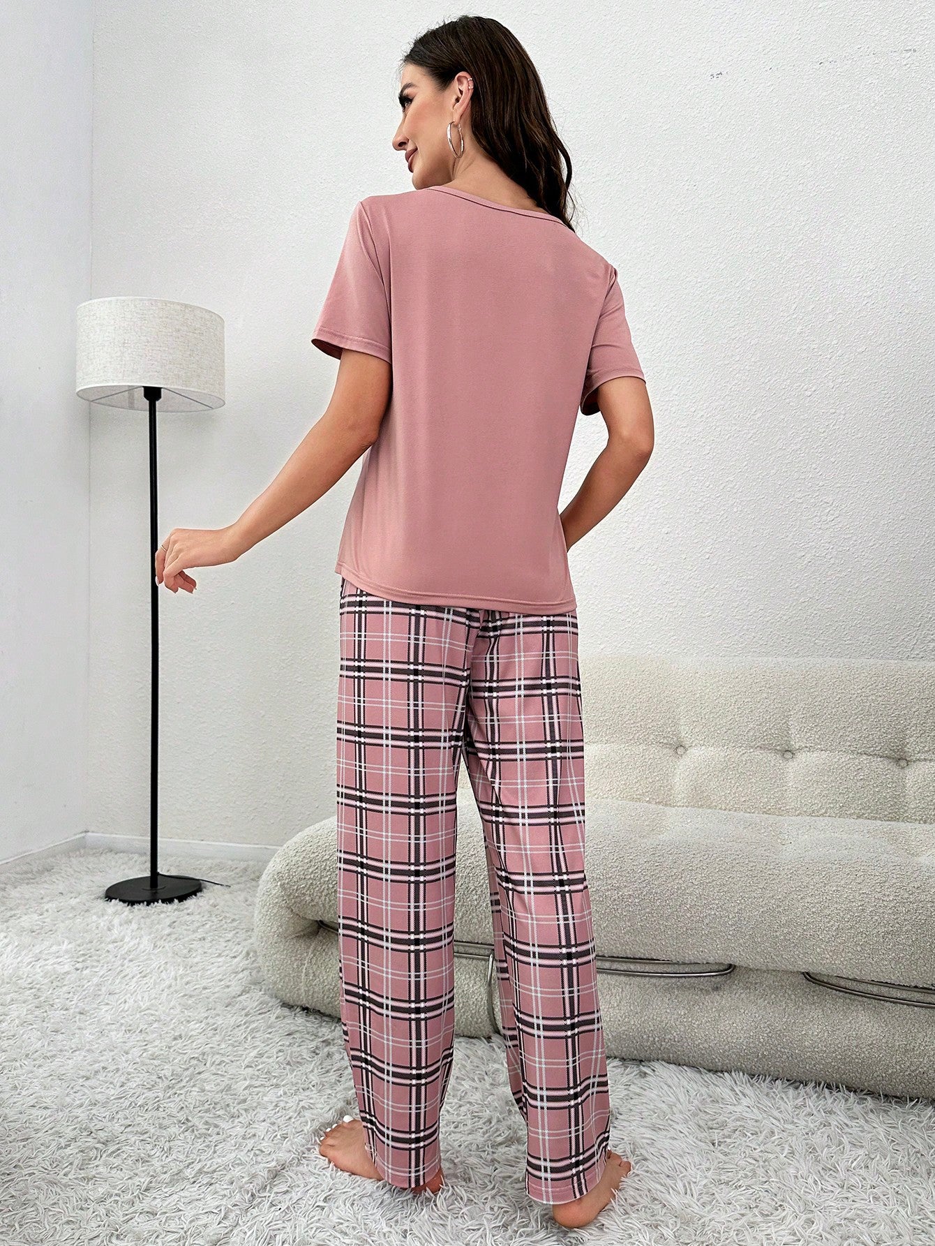 Plaid Print Pocket Patched Tee & Bow Front Pants PJ Set