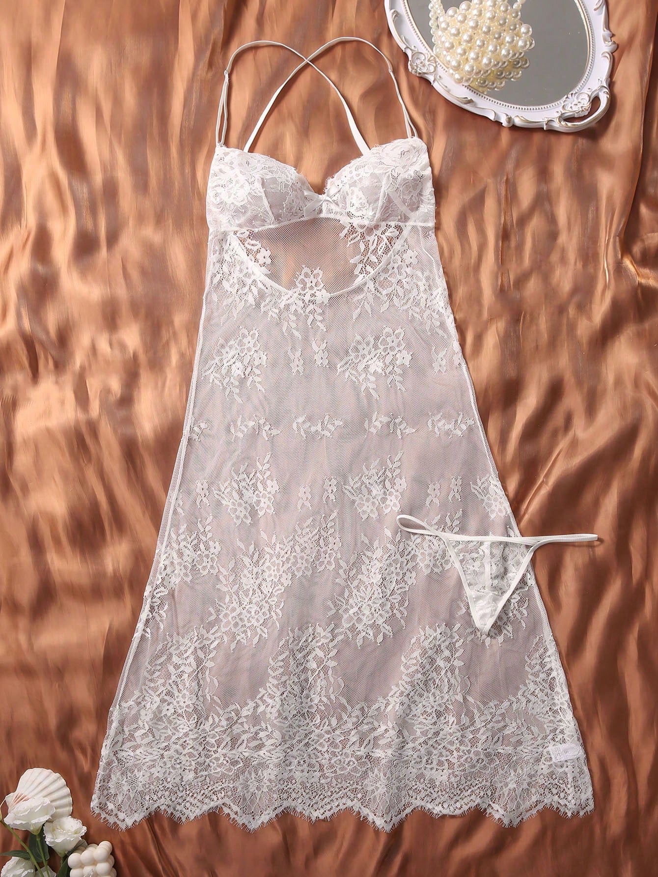 Floral Embroidery Sheer Mesh Sexy Lingerie Cami Dress & Thong Set