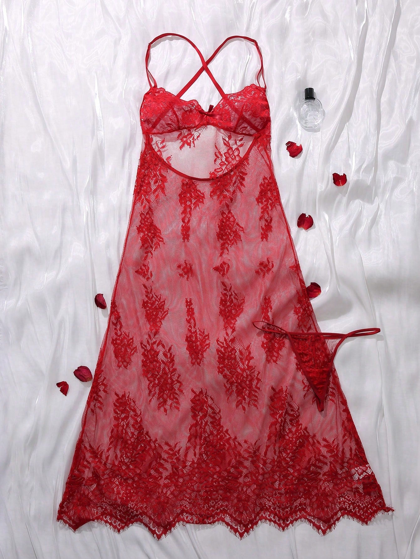 Floral Embroidery Sheer Mesh Sexy Lingerie Cami Dress & Thong Set