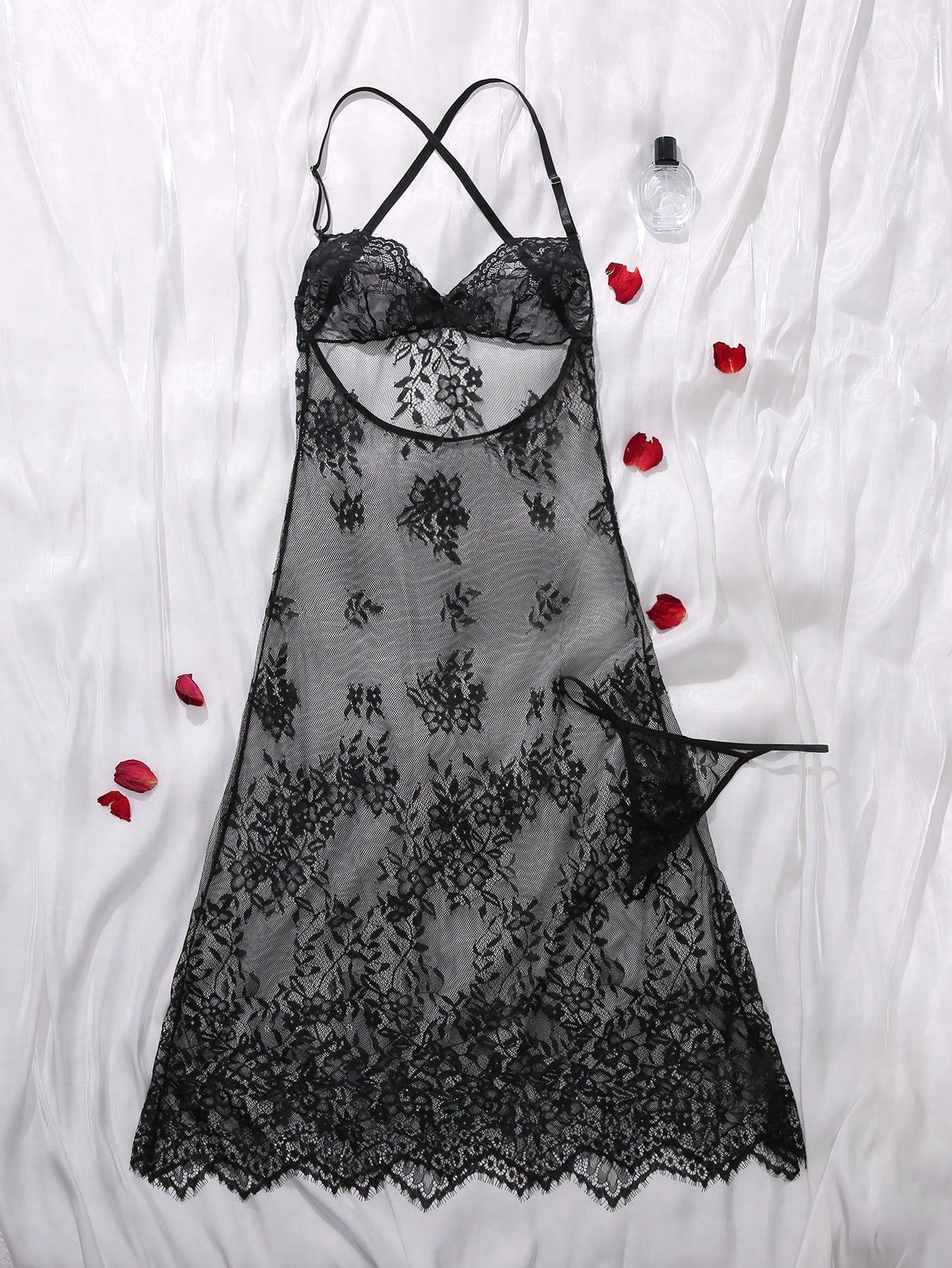 Floral Embroidery Sheer Mesh Sexy Lingerie Cami Dress & Thong Set