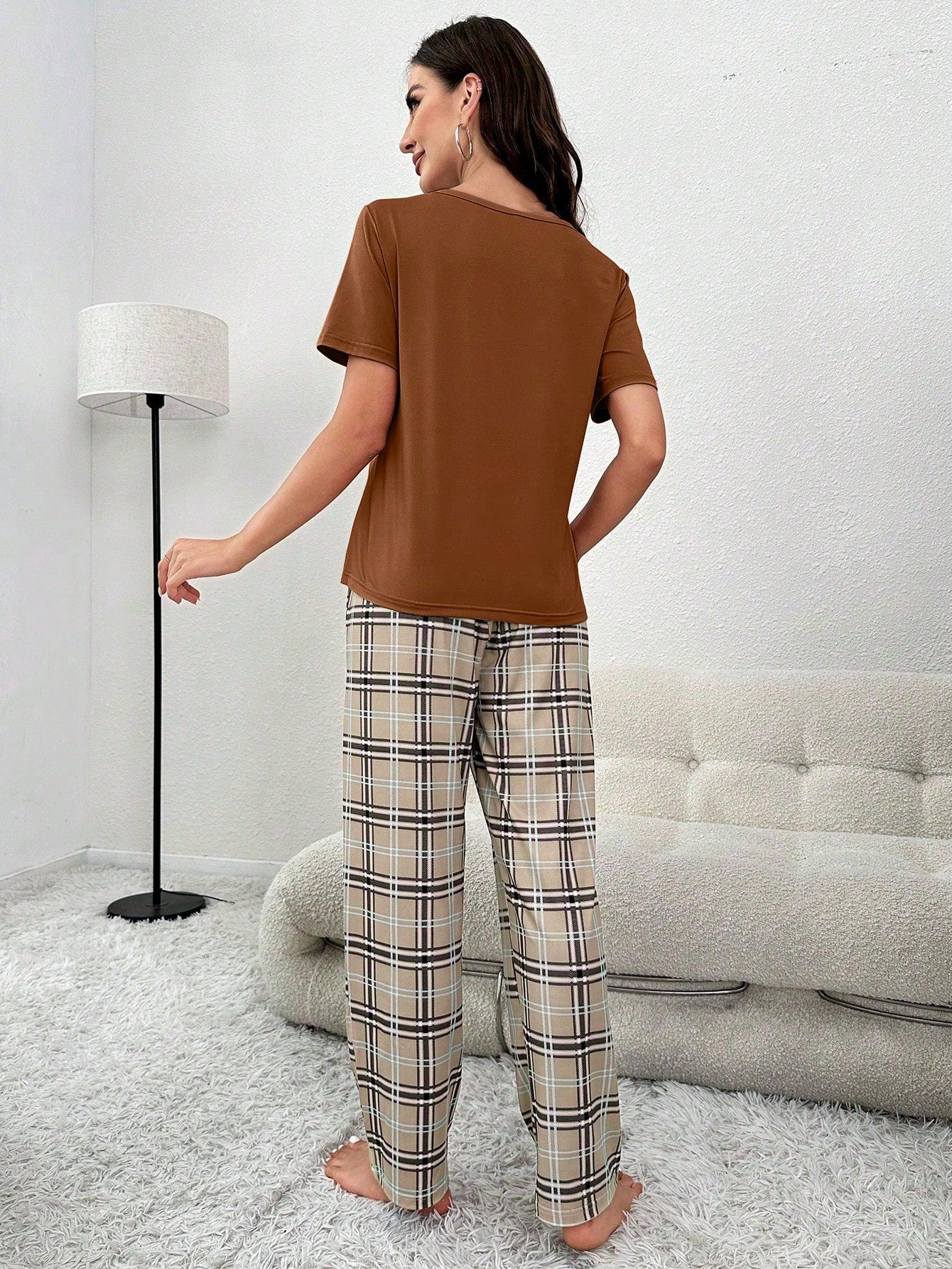 Plaid Print Pocket Patched Tee & Bow Front Pants PJ Set