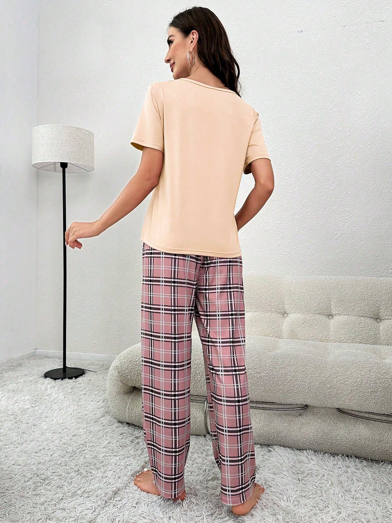 Plaid Print Pocket Patched Tee & Bow Front Pants PJ Set