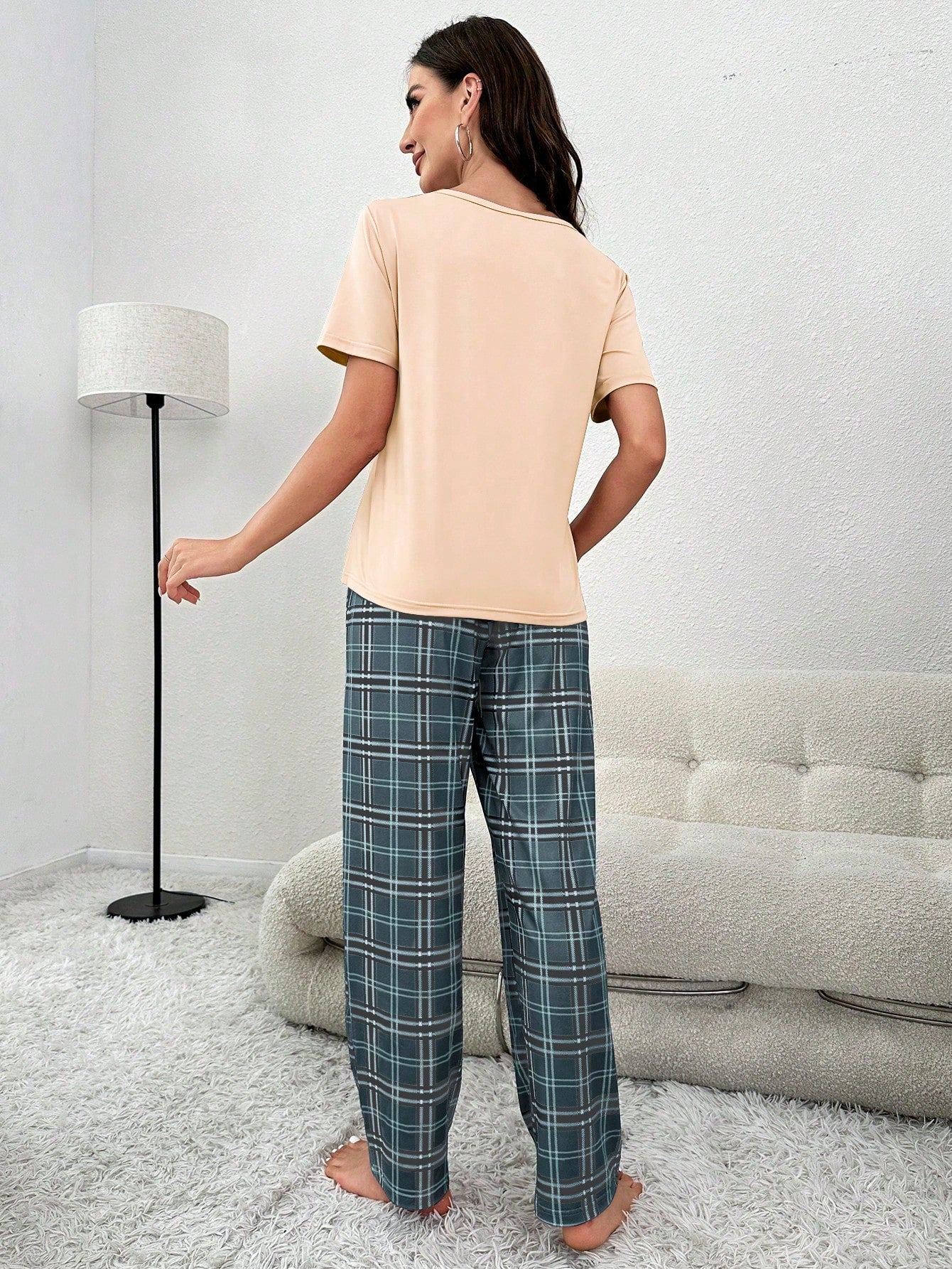 Plaid Print Pocket Patched Tee & Bow Front Pants PJ Set