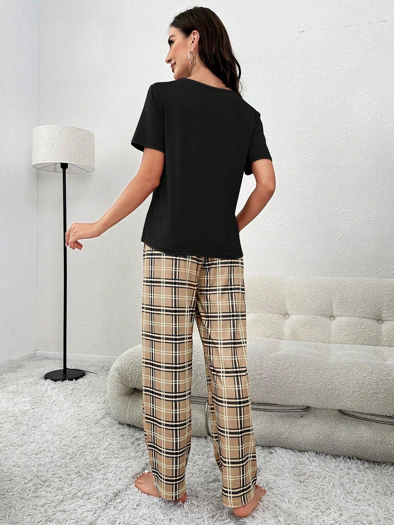 Plaid Print Pocket Patched Tee & Bow Front Pants PJ Set