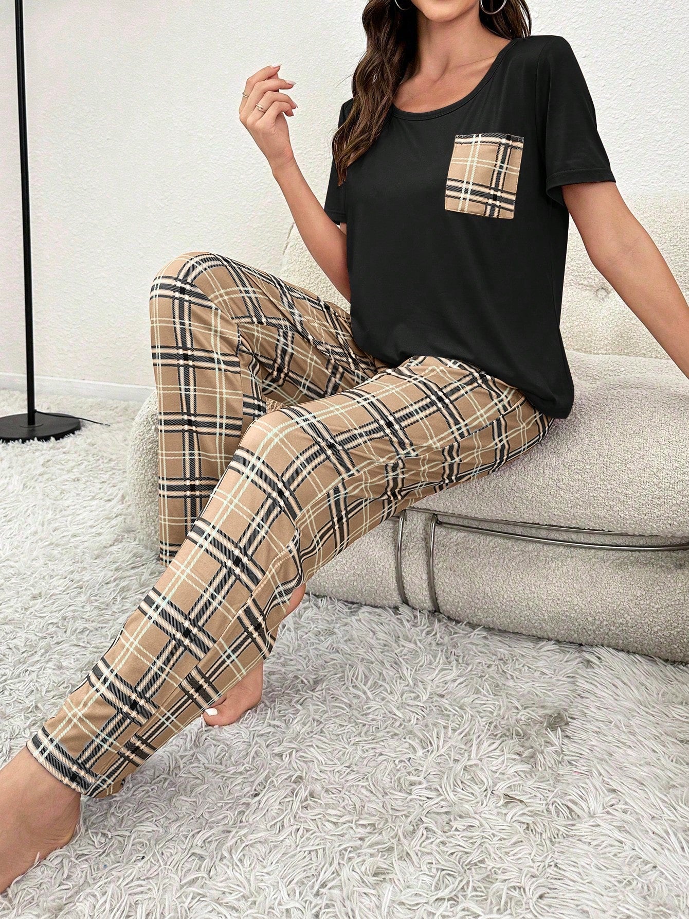 Plaid Print Pocket Patched Tee & Bow Front Pants PJ Set