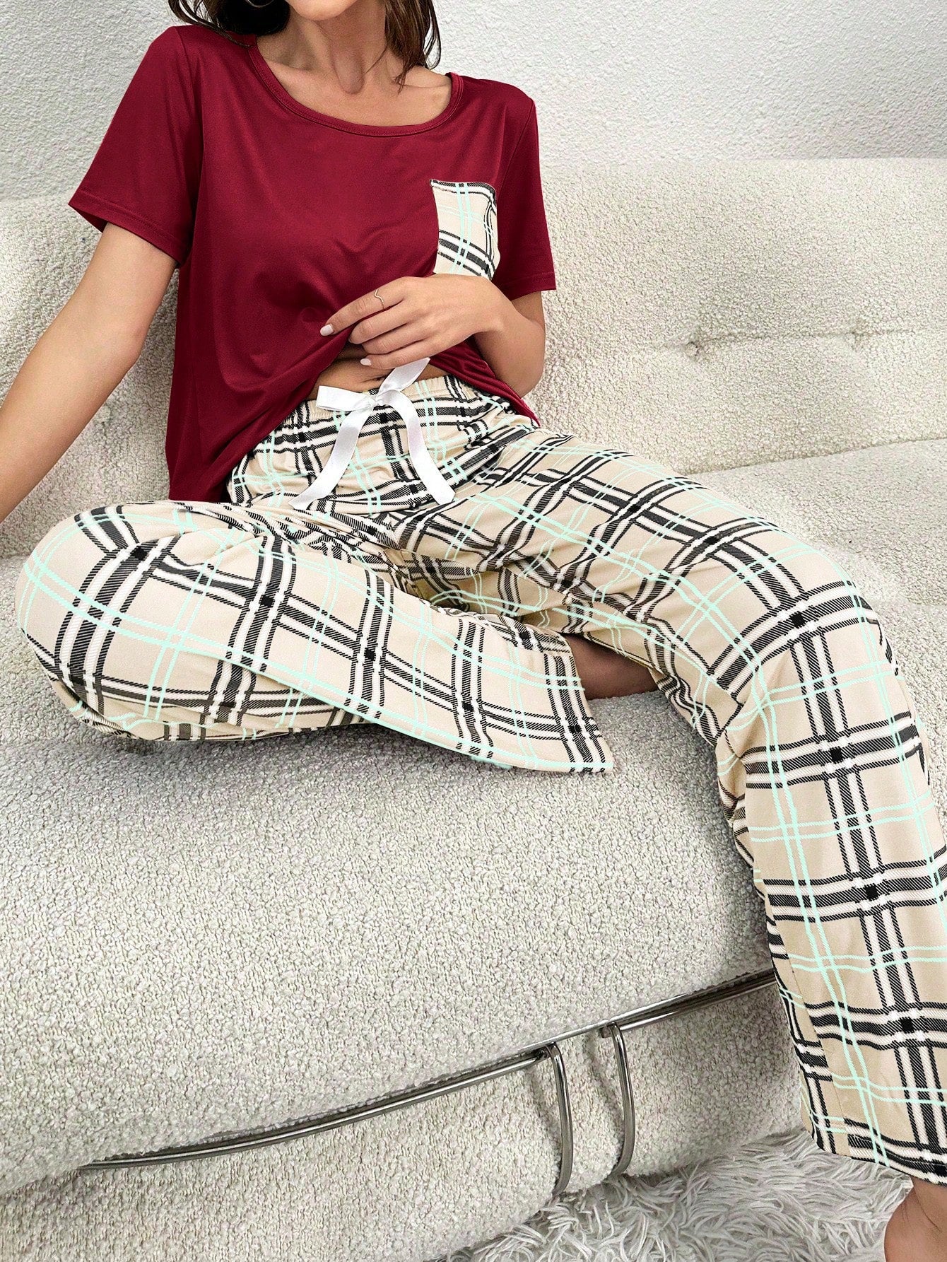 Plaid Print Pocket Patched Tee & Bow Front Pants PJ Set
