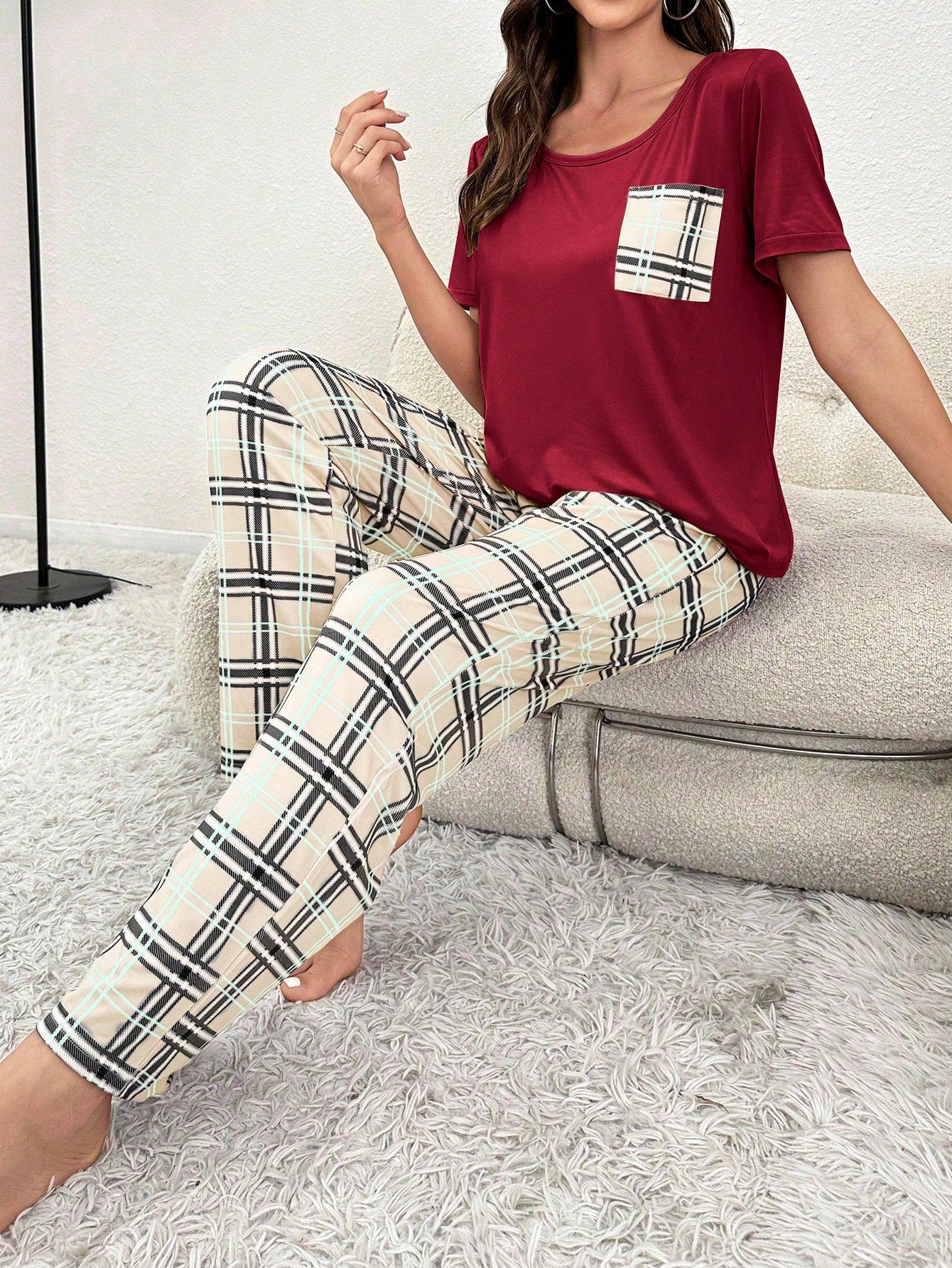 Plaid Print Pocket Patched Tee & Bow Front Pants PJ Set