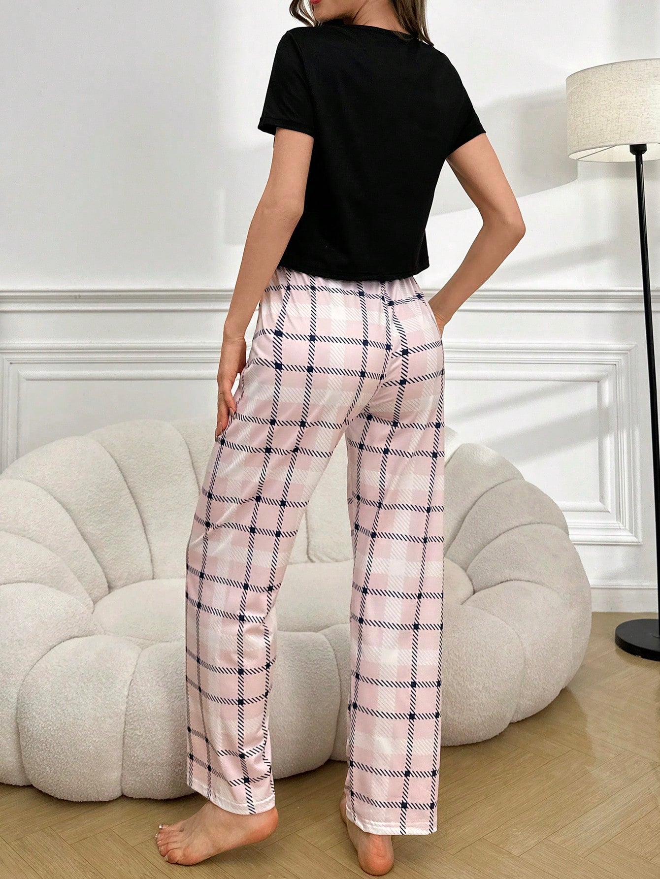 Plaid Print Pocket Patched Tee & Bow Front Pants PJ Set