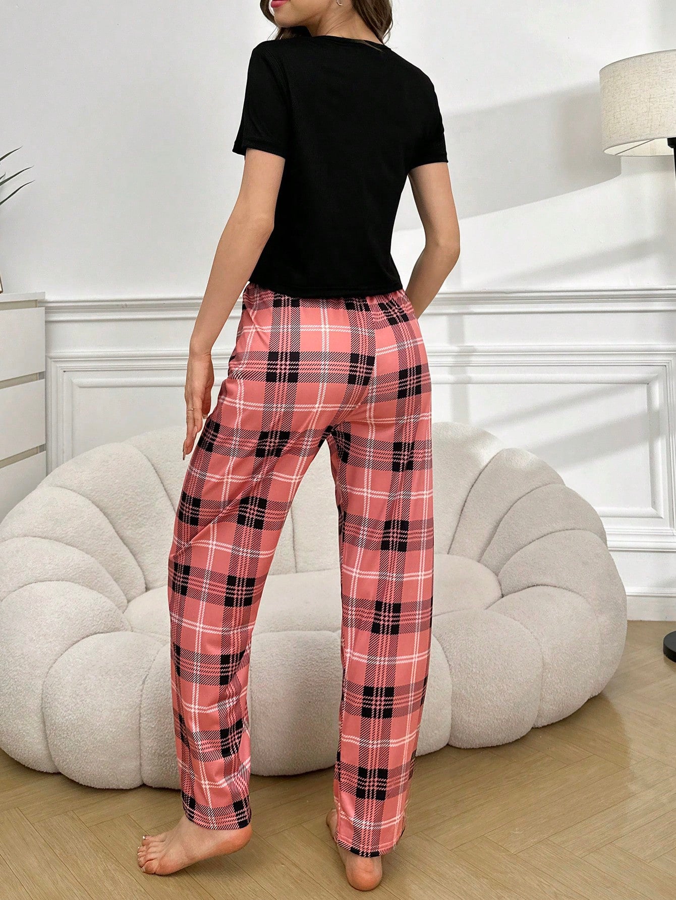 Plaid Print Pocket Patched Tee & Bow Front Pants PJ Set