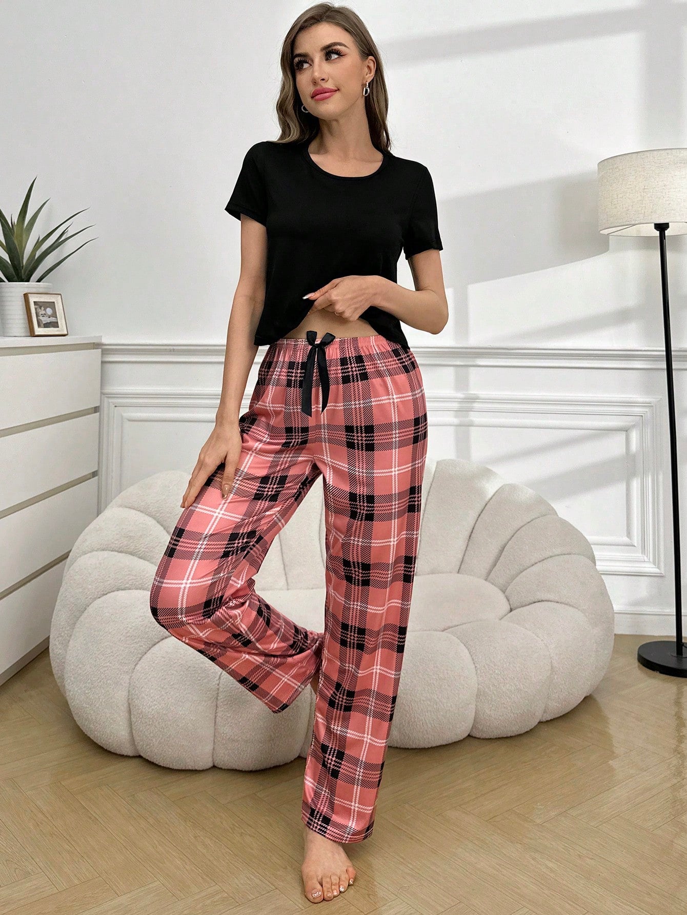 Plaid Print Pocket Patched Tee & Bow Front Pants PJ Set