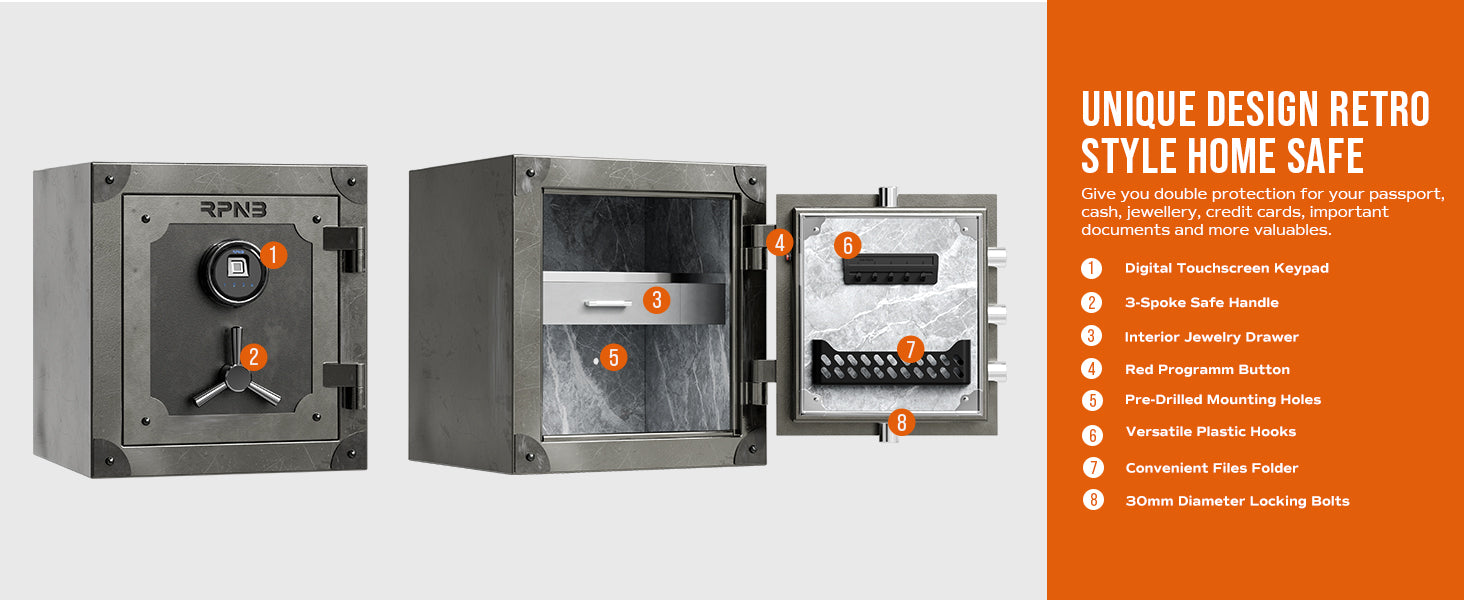 RPNB Large Home Fingerprint Retro Style Biometric Safe Box with Jewelr
