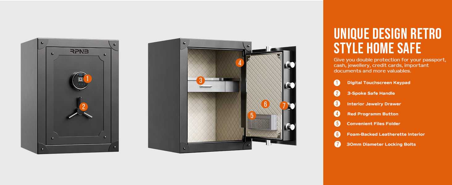 Retro Safe Code RPNB Large Home Biometric Retro Style Fingerprint Safe Box with Jewelr