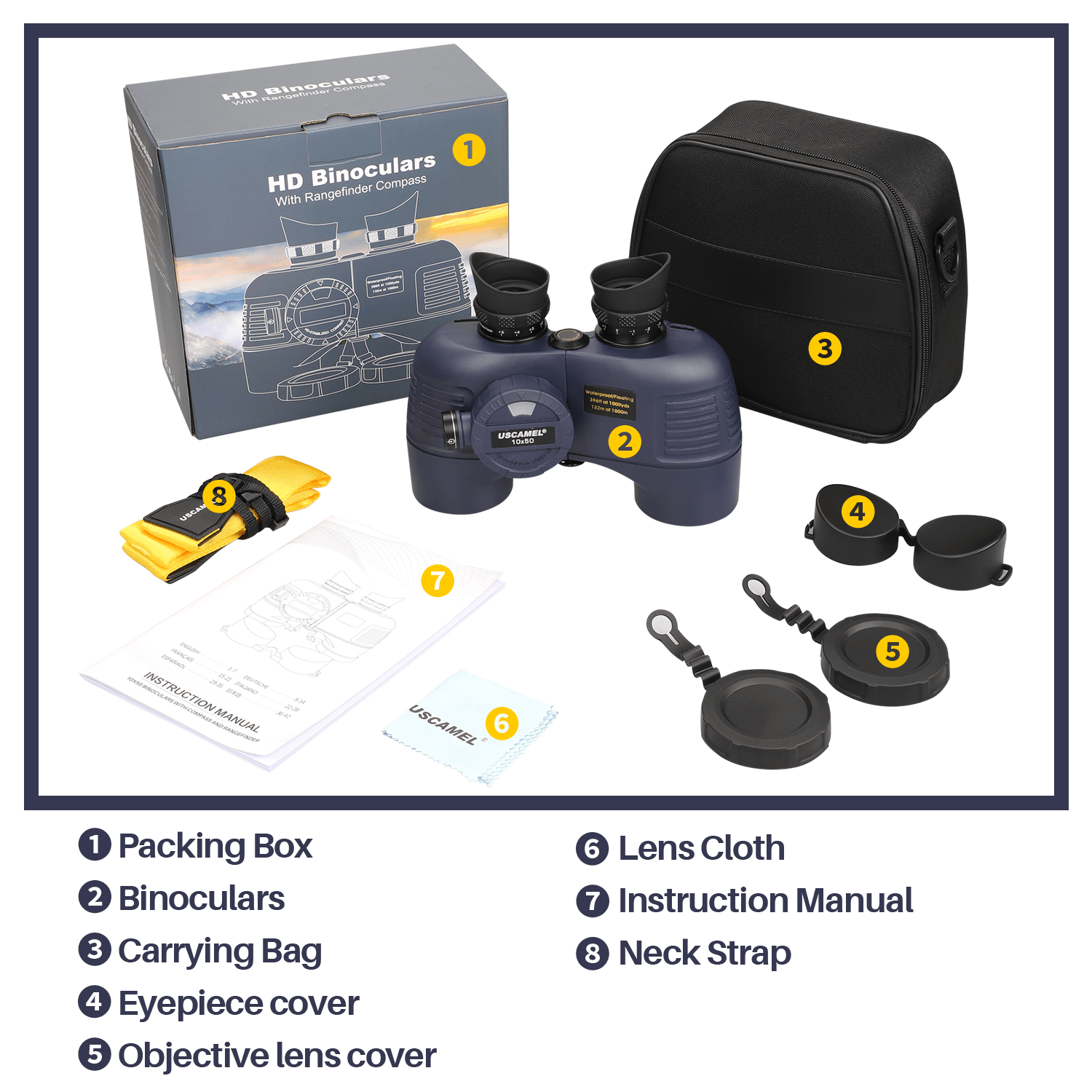 UW119-PACAKGE_INCLUDES,a main product, a carrying bag, a lens cloth, a manual, a neck strap, and covers for eyepieces and objective lens
