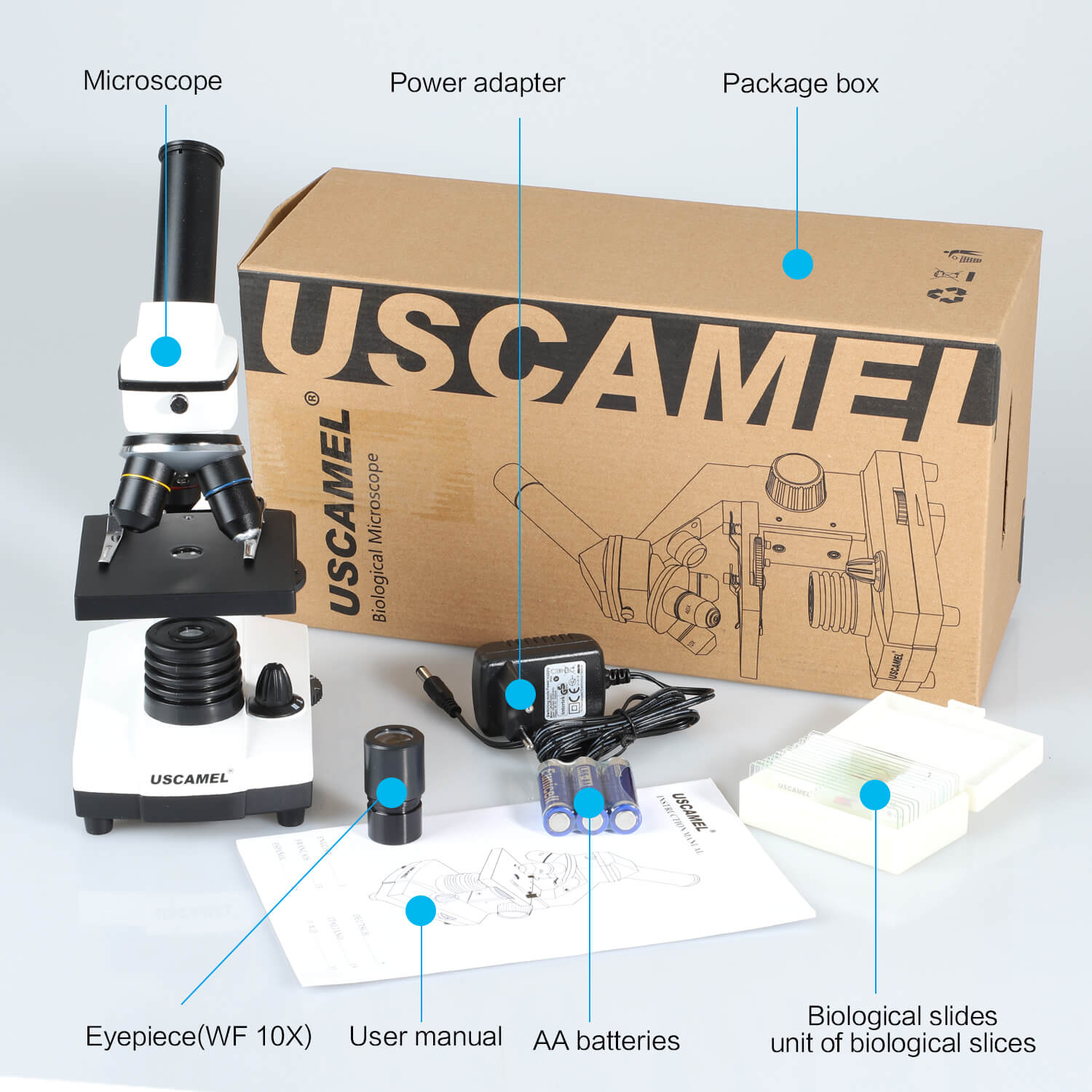 ux001 package includes 1x main product, power adapter, 10x eyepieces, user manual, 3x AA batteries, slides set