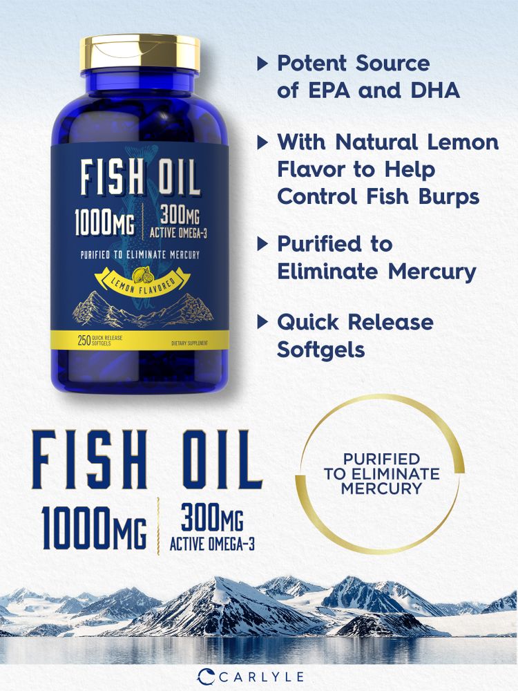 Fish Oil 1000mg | 300mg Omega 3 | 250 Softgels | Lemon Flavor