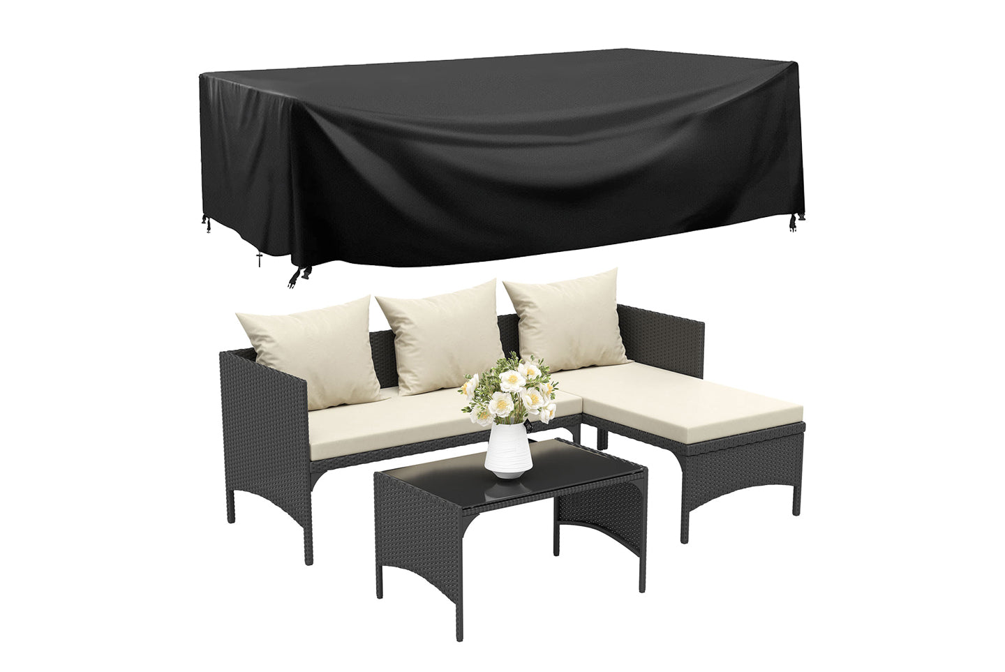 3Pcs Garden Lounge Sofa Set Rattan Furniture with Cushions Protective Cover Black