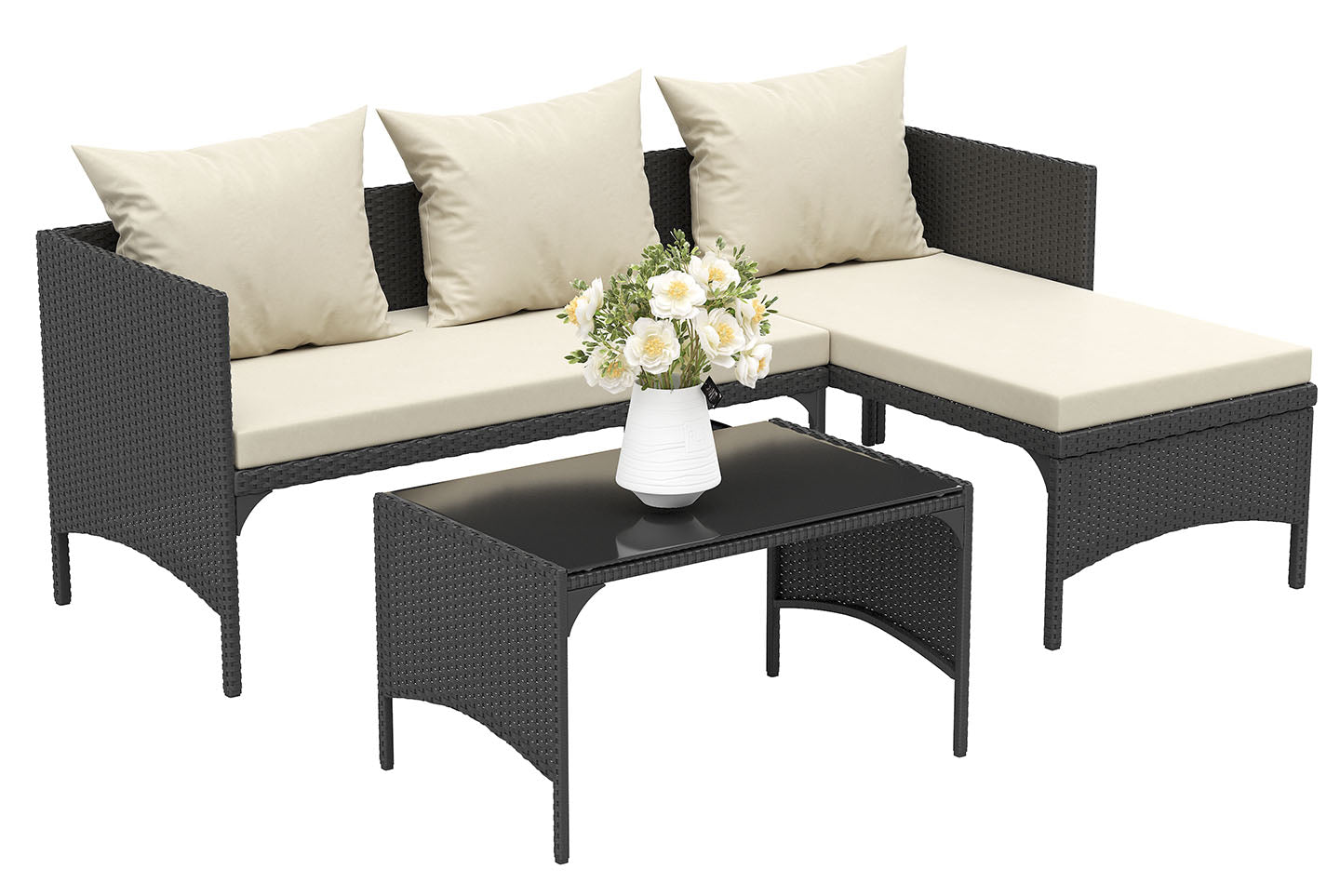 Product photograph of 3pcs Outdoor Rattan Furniture Patio Sofa Set With Loveseat Lounge Chair Table Black from RattanTree