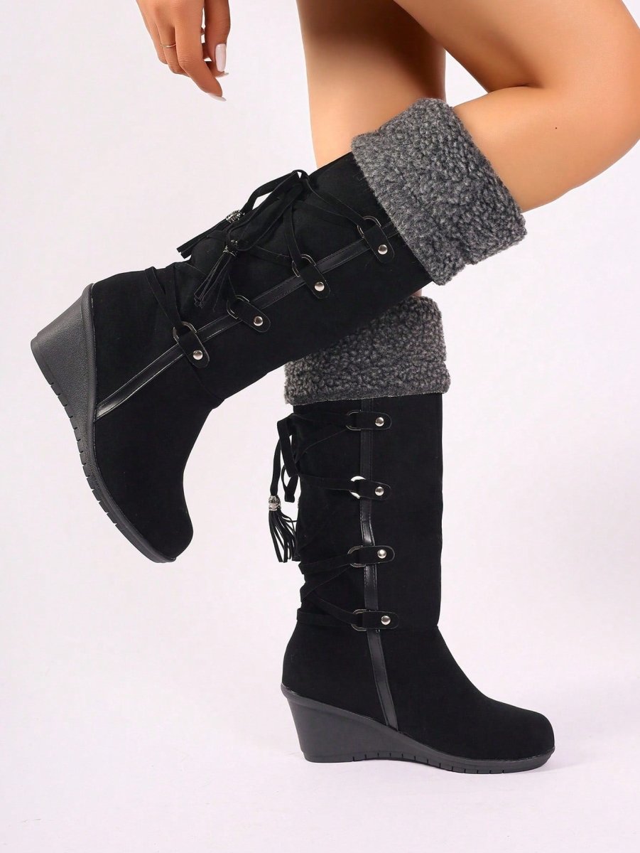 Fashionable and Comfortable Tassel Studded Decor Fuzzy Panel Faux Suede Wedge Boots