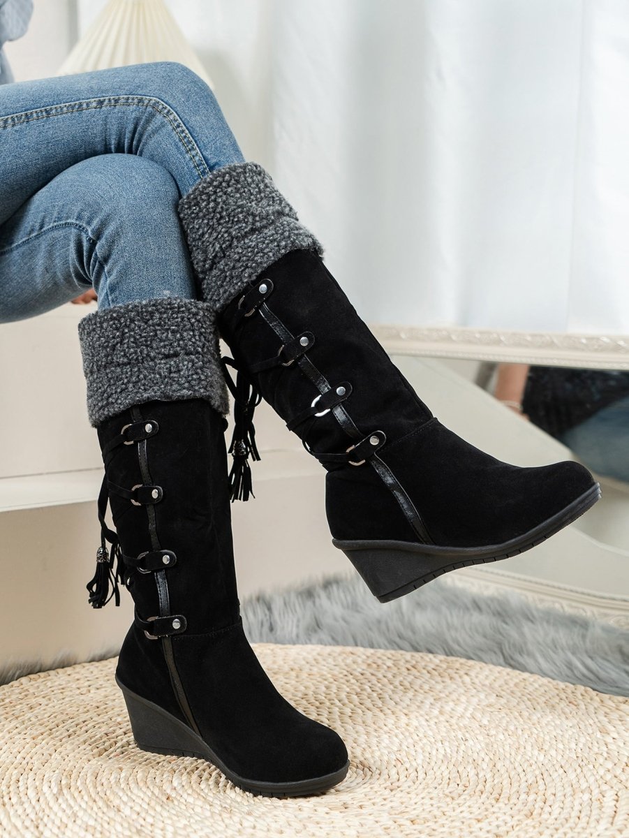 Fashionable and Comfortable Tassel Studded Decor Fuzzy Panel Faux Suede Wedge Boots