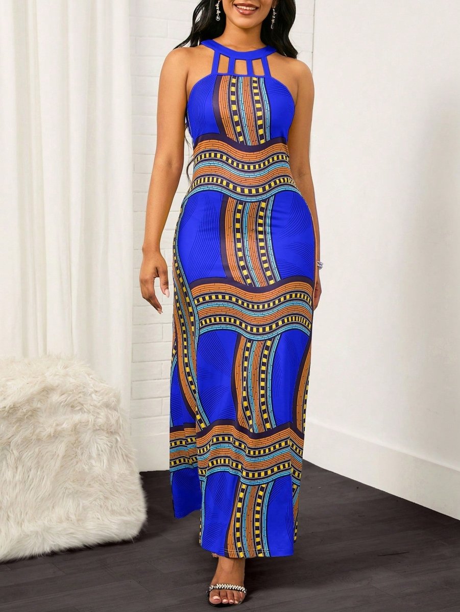 Lady Geo Print Halter Neck Maxi Dress