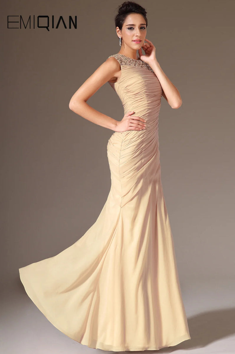 O Neck Champagne Chiffon Mermaid Evening Dress Formal Evening Gowns