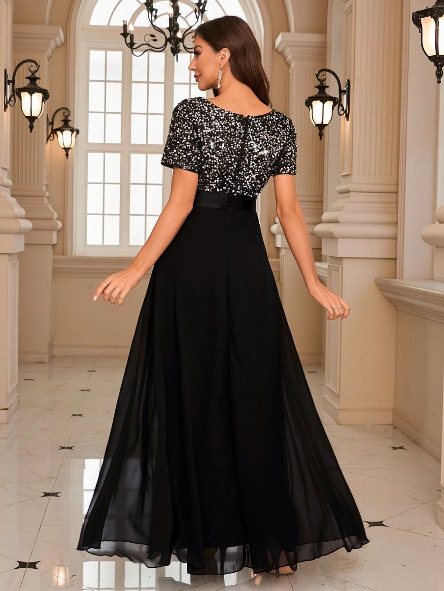 Sparkling Elegance: Contrast Sequin Chiffon Formal Dress for Stunning Party Wear