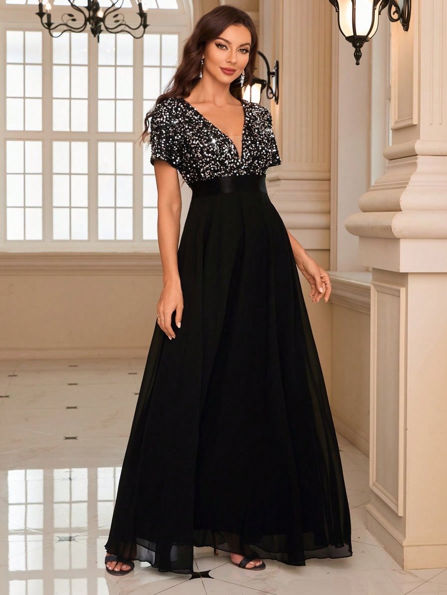 Sparkling Elegance: Contrast Sequin Chiffon Formal Dress for Stunning Party Wear