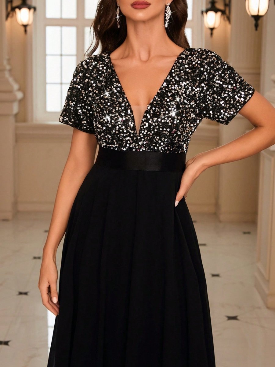 Sparkling Elegance: Contrast Sequin Chiffon Formal Dress for Stunning Party Wear