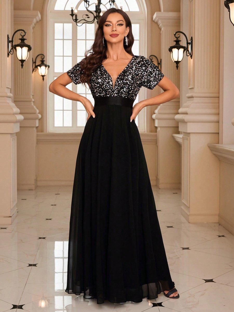 Sparkling Elegance: Contrast Sequin Chiffon Formal Dress for Stunning Party Wear