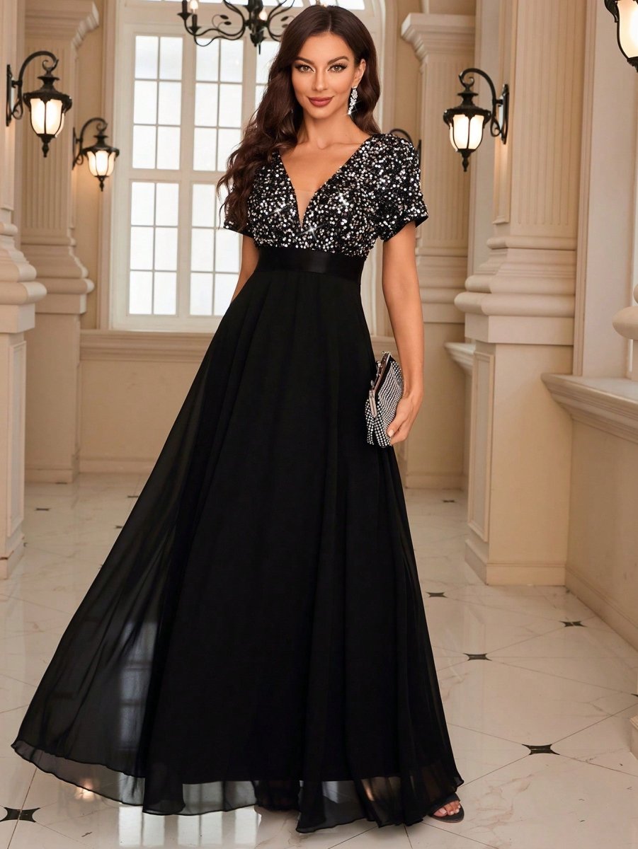 Sparkling Elegance: Contrast Sequin Chiffon Formal Dress for Stunning Party Wear