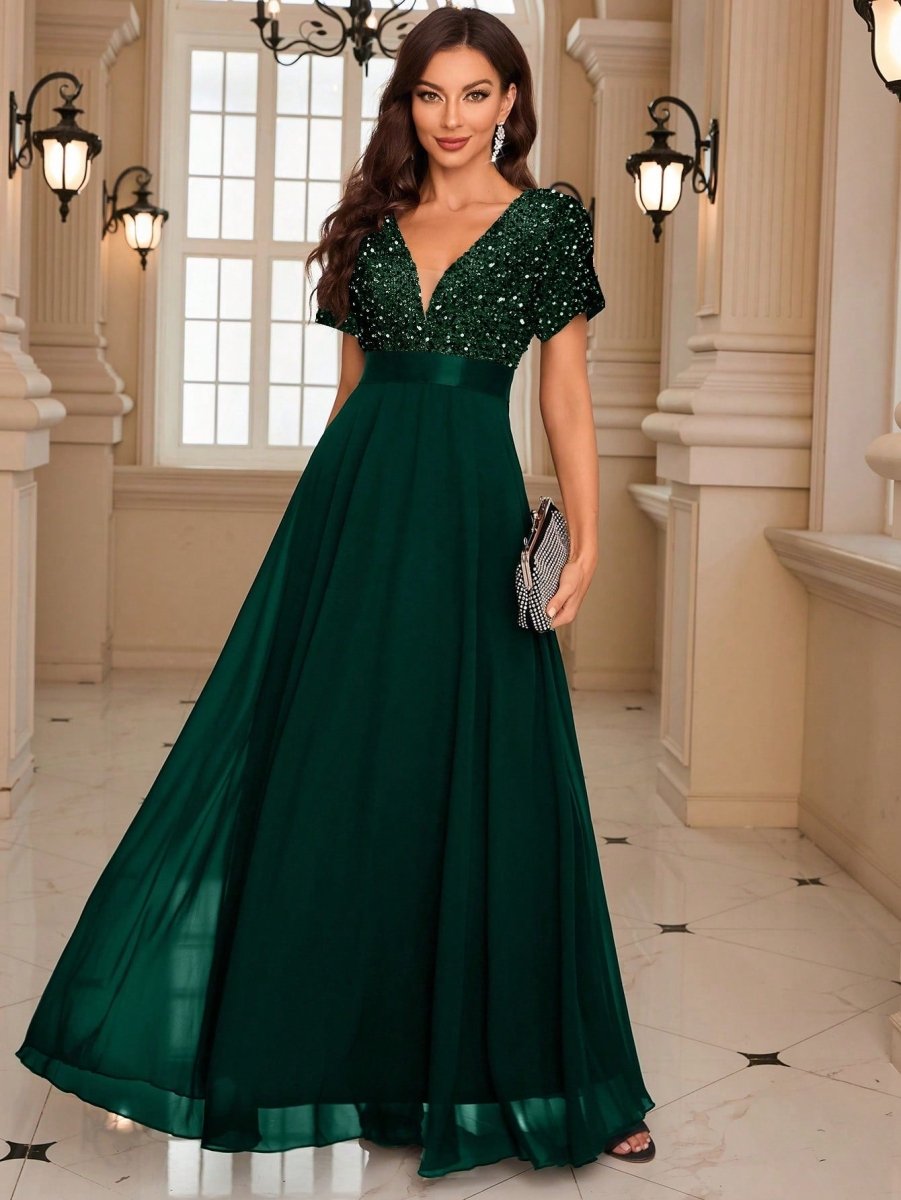 Sparkling Elegance: Contrast Sequin Chiffon Formal Dress for Stunning Party Wear