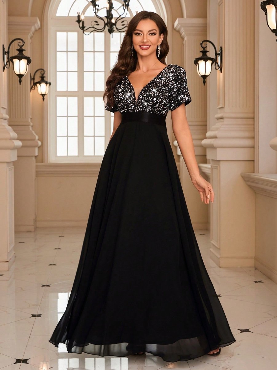 Sparkling Elegance: Contrast Sequin Chiffon Formal Dress for Stunning Party Wear