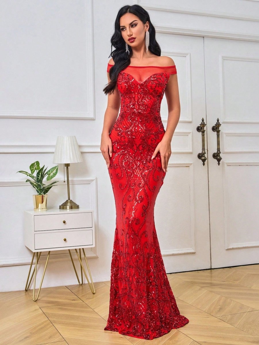 Sparkling Red Sequined Mermaid Evening Dress - Off-Shoulder Glamour