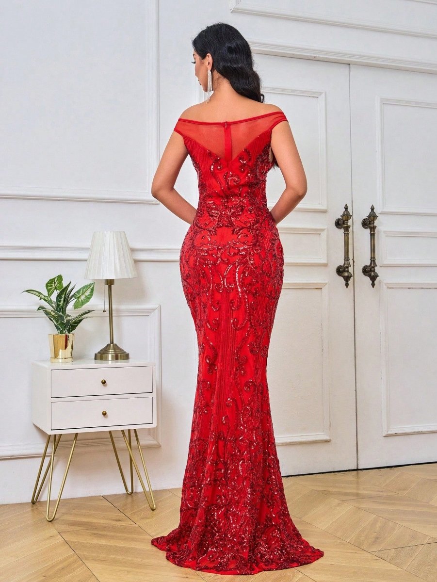 Sparkling Red Sequined Mermaid Evening Dress - Off-Shoulder Glamour