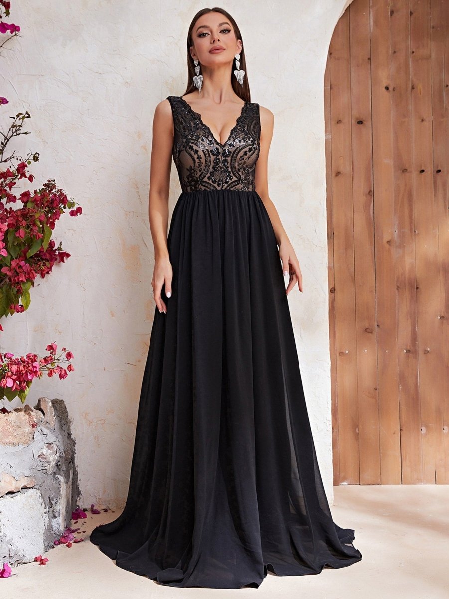 Statement-making Elegance: Giffniseti Contrast Sequin Mesh Insert Maxi Formal Dress