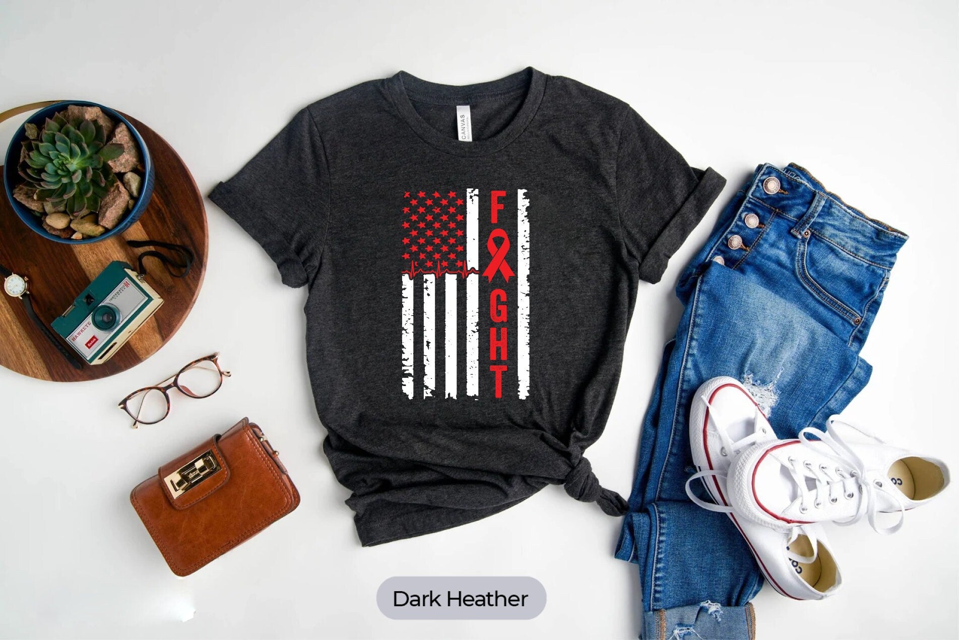 Fight American Flag Shirt, Heart Fight Awareness Shirt, CHD Awareness Shirt, Red Ribbon Shirt