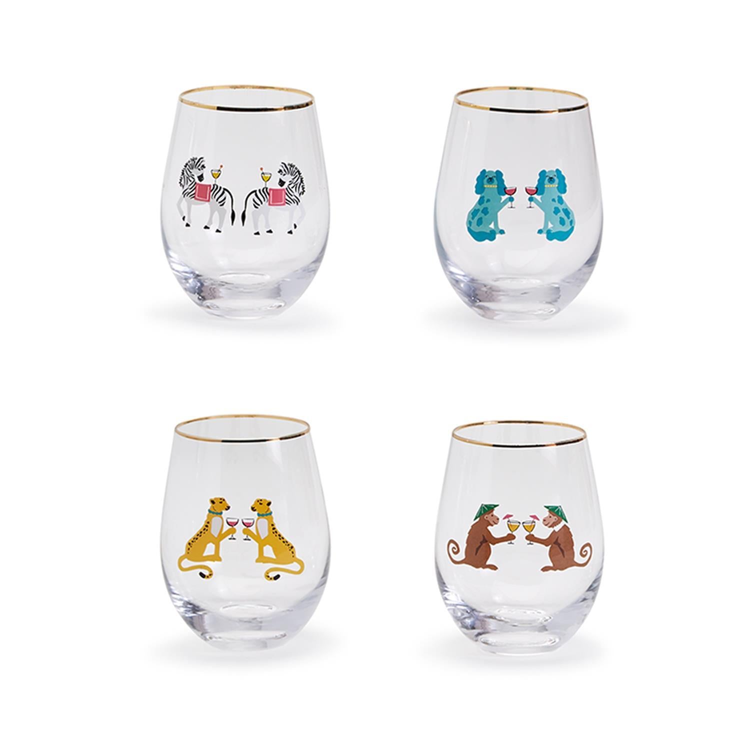 Animal Party Set of 4 Stemless WIne Glasses