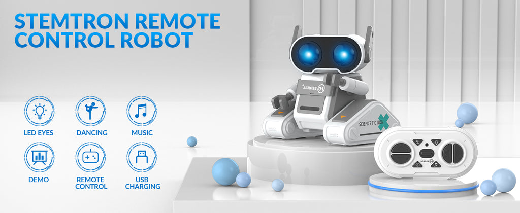 STEMTRON Rechargeable RC Robot Toys with Auto Demo, Dance Moves, Music for Kids (Grey)