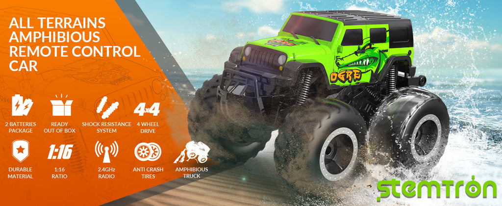 Amphibious Remote Control Car All Terrain Off-Road Waterproof RC Monster Truck for Kids (Green)