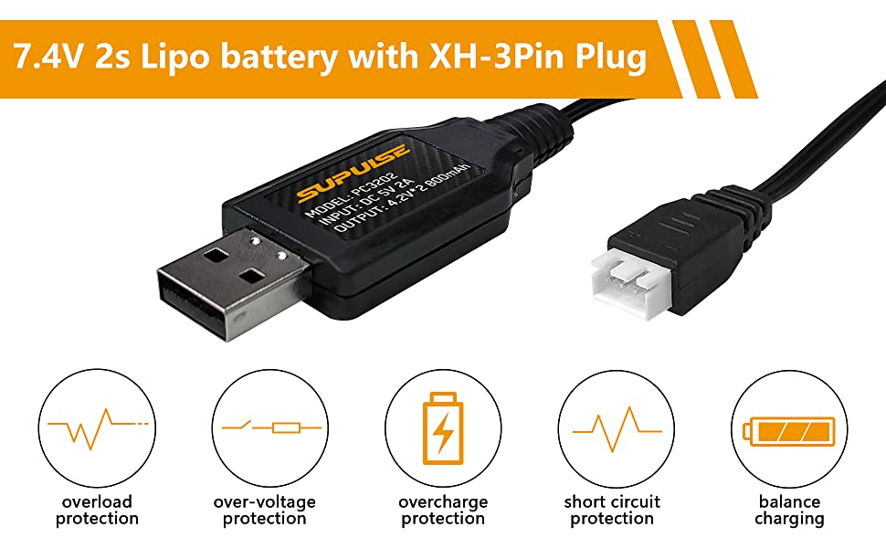 SUPULSE 2pcs Câble de Chargeur USB 2A pour Batterie LiPo 2S 7.4V avec Prise XH-3Pin pour RC Quadcopter FPV Drone RC Bateau RC Camion RC Avion